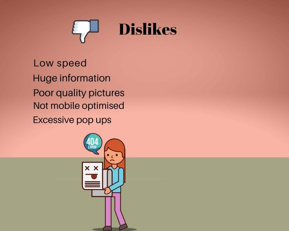 A picture of dislikes, pink background, thumb down, and text about website dislikes