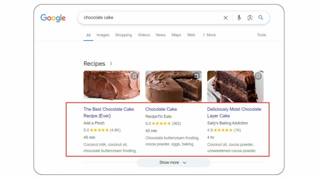Rich snippets in Google search results